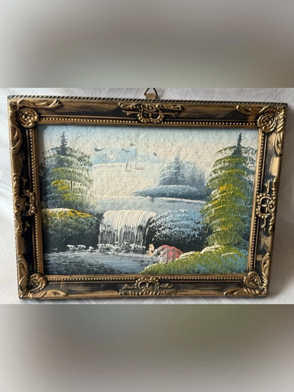 Framed Waterfall Landscape Painting VTG Oil Art Picture Nature